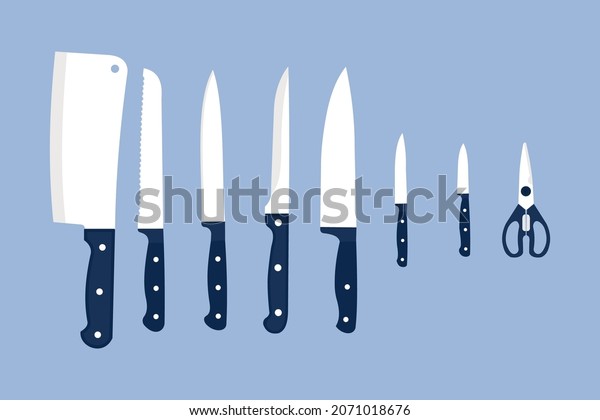 Flat vector knife collection with white and blue\
color. Chef knife, kitchen scissor, kitchen utensil. Meat cutting\
dagger, meat chopper, bread poniard, fish dagger, gourmet scissors,\
kitchen daggers.