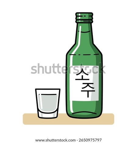 Flat vector of Korean soju bottle with “소주” Hangul label and shot glass on beige table, bold black outlines, minimal solid colors, clean white background, perfect for Korean culture or drinking theme.