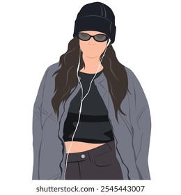 Flat vector kpop idol with beanie hat. Woman using black glasses. K-pop female fashion model. Korean idol group artist wearing beautiful clothes and headset. Illustration beauty asian model artist.