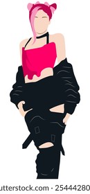 Flat vector kpop idol with pink hairstyle. Idols of korean performing. K-pop female fashion model. Idol group artist wearing beautiful clothes. Illustration beuaty asian model artist.