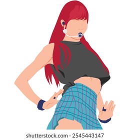 Flat vector kpop idol with red hair colour. Idols of korean girlband. K-pop female fashion model. Korean idol group artist singer. Illustration beauty asian model artist.