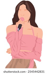 Flat vector kpop idol singing. Idols of korean performing. K-pop female fashion model. Korean idol group artist wearing beautiful pink clothes. Illustration beauty asian model artist.