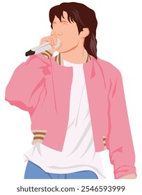 Flat vector kpop male idol in action. Rapper vocalist with pink outfit. K-pop male fashion model. Male idol group performing song. Illustration handsome asian star model. Singer performing in stage.