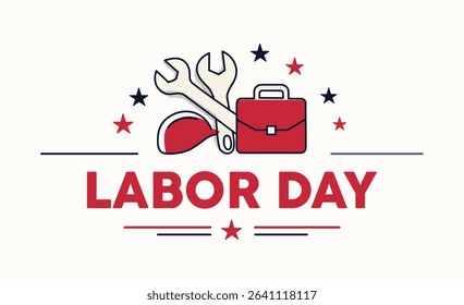 Flat Vector Labor Day Illustration with Tools Helmet Briefcase and Patriotic Stars