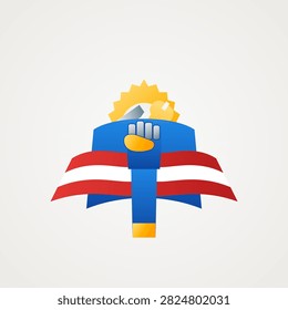 Flat vector Labor Day USA design, decorative emblem with United States flag colors red white blue, ribbon style, isolated on white background. Perfect for holiday celebration, workers day, national event, banner, icon, logo element. High resolution, fully editable, no trademark.