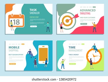 flat vector landing page design template set with people team team machine teamwork people development abstract background scene technology human digital phone site business plane evolution student se