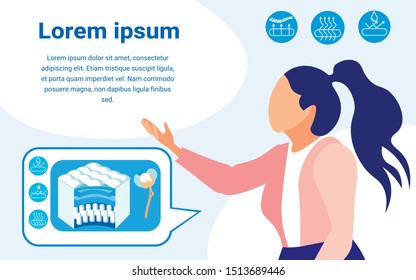 Flat Vector Landing Page Design Template for Trendy Mattress Store. Woman Presenter Shows Cotton Fiber Filled Breathable Sample. Orthopedic Mattress. Hypoallergenic, Waterproof and Massage Properties.