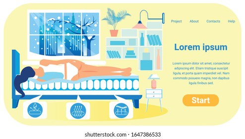 Flat Vector Landing Page Design Template for Trendy Mattress Store. Copy Space for Your Text. Young Woman, Lying on Orthopedic Mattress. Anatomic Spine Seat. Breathable and Waterproof Properties.