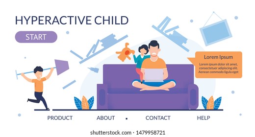 Flat Vector Landing Page for Help with Hyperactive Child. Cartoon Unhappy Frustrated Father Sitting on Sofa and Trying to Work while Naughty Mischievous Kids Fiddle around. Mess in Room Illustration