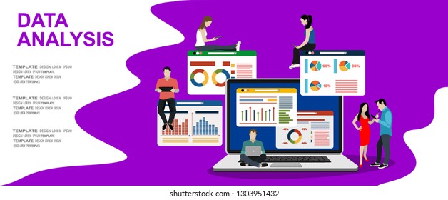 Flat vector landing page template of business statistics and analytics, audit report, company performance analysis. 