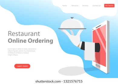 Flat vector landing page template of table online reservation, mobile booking, food ordering and delivery.