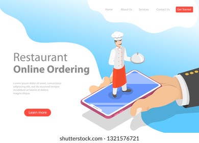 Flat vector landing page template of table online reservation, mobile booking, food ordering and delivery.