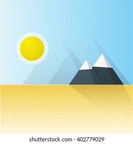 Flat Vector Landscape Background. Desert scenery with yellow sand and big mountains. Long shadows with retro noise effect. Graphics resource for your Webdesign or advertising.