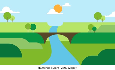 Flat vector landscape background featuring a river stream with a stone bridge and green meadows