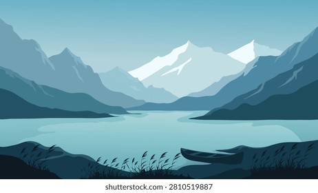 Flat Vector Landscape Banner Of Majestic Blue Mountains With Snowy Peaks Clear Lake And Canoe