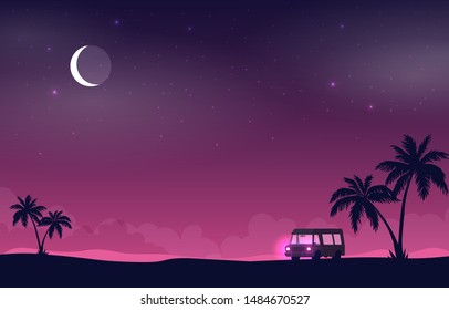 Flat vector landscape with car. Background illustration