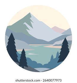 Flat Vector Landscape in Circular Frame with Mountains and Trees