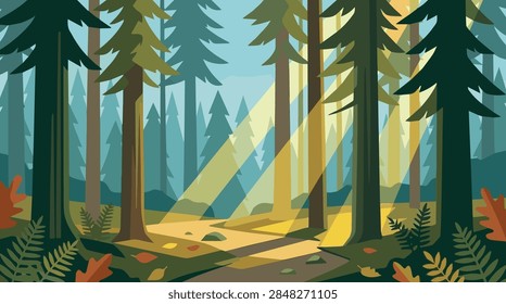 flat vector landscape of a dense forest with tall evergreen trees and bright yellow sun rays shining through the woodland creating a serene and peaceful natural environment