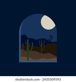 Flat vector landscape of desert at night in minimalist style.