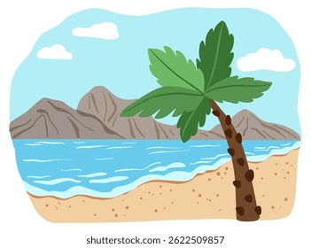 Flat vector landscape featuring a sandy beach with a palm tree in the foreground, calm sea in the middle, and mountain range in the distance.