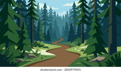flat vector landscape featuring a winding path through a dense pine forest with green trees and nature scenery for outdoor adventure design