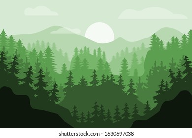 Flat vector landscape green forest.