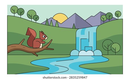Flat vector landscape of a green forest with a beautiful waterfall and a cute red squirrel sitting on a branch.