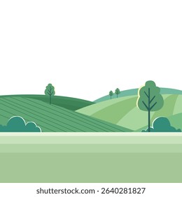 Flat Vector Landscape with Green Hills and Trees