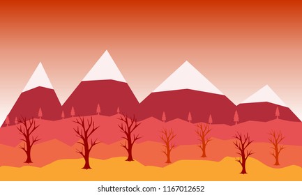 Flat vector landscape Illustration in autumn. Vector background with mountains and trees.