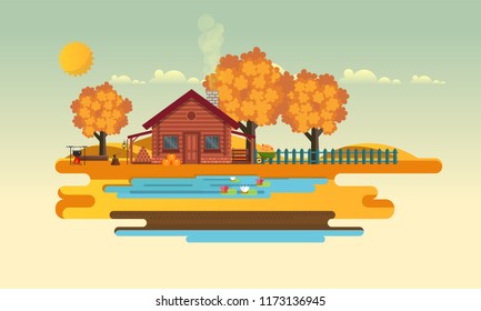 Flat Vector Landscape Illustration in Autumn, with wooden house.
