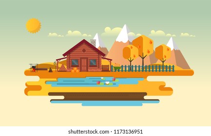 Flat Vector Landscape Illustration in Autumn, with wooden house.
