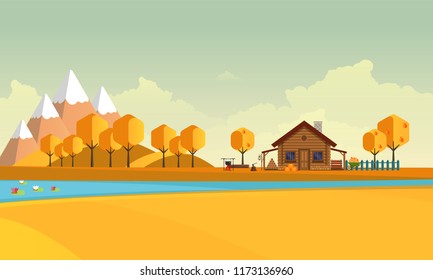 Flat Vector Landscape Illustration in Autumn, with wooden house.
