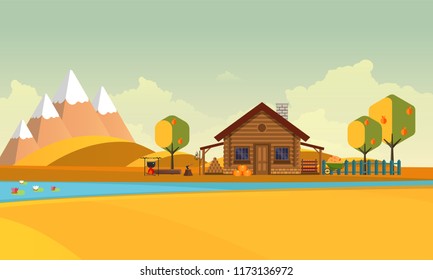 Flat Vector Landscape Illustration in Autumn, with wooden house.
