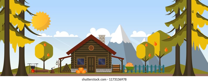 Flat Vector Landscape Illustration in Autumn, with wooden house.
