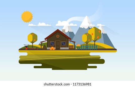 Flat Vector Landscape Illustration in Autumn, with wooden house.
