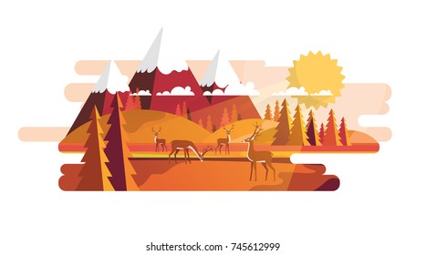 Flat Vector Landscape Illustration in Autumn. Countryside Vector Background.