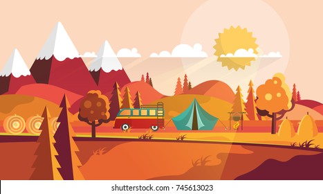 Flat Vector Landscape Illustration in Autumn. Countryside Camp, Vector Background.