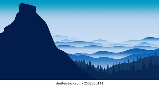 flat vector landscape illustration, hilly natural theme filled with morning mist