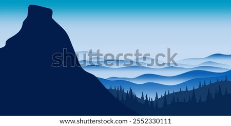flat vector landscape illustration, hilly natural theme filled with morning mist