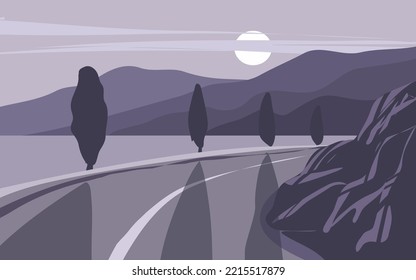 Ilustración del paisaje vectorial plano con carreteras y lagos