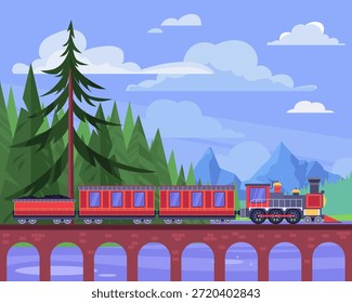 Flache Vektorgrafik der Landschaft mit Vintage-Dampfzug über Steinbrücke zwischen Bergen und Pinienwald. Szenische Bahnreisen Hintergrund für Tourismus, Natur, Abenteuer-Konzepte.