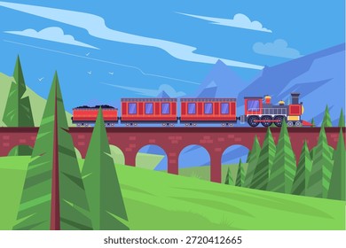 Flache Vektorgrafik der Landschaft mit Vintage-Dampfzug über Steinbrücke zwischen Bergen und Pinienwald. Szenische Bahnreisen Hintergrund für Tourismus, Natur, Abenteuer-Konzepte.