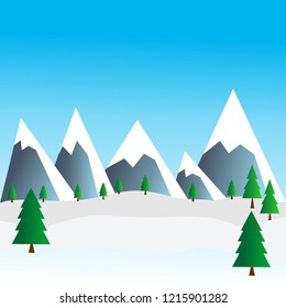 Flat vector landscape Illustration in winter. Vector background with mountains and pines.