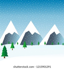 Flat vector landscape Illustration in winter. Vector background with mountains and pines.