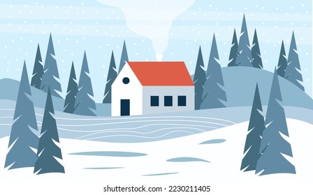 Flat vector landscape illustration with a winter scene.