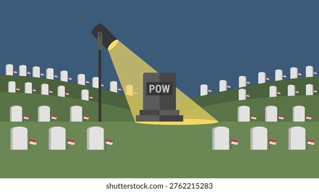 Flat vector landscape of a military cemetery with small flags and a spotlight on a POW monument