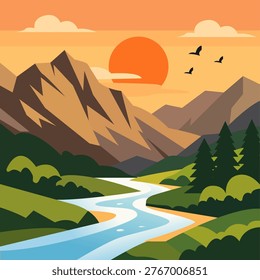 Flat vector landscape of mountain sunset with river and forest silhouettes, warm orange tones, scenic nature illustration isolated on white background, ideal for travel, background, and design.