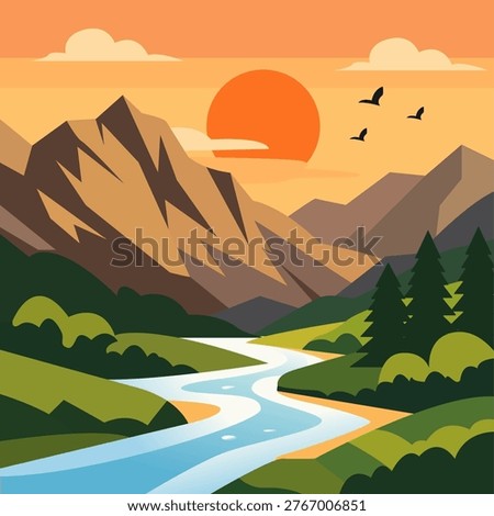 Flat vector landscape of mountain sunset with river and forest silhouettes, warm orange tones, scenic nature illustration isolated on white background, ideal for travel, background, and design.