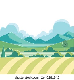 Flat Vector Landscape with Mountains and Field