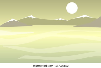 Flat vector landscape with mountains, water and moon/sun